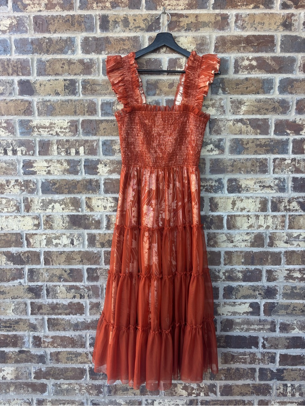 Gorgeous Baltic Born Terracotta Floral Maxi Dress Smocked Ruffle Tiered Boho